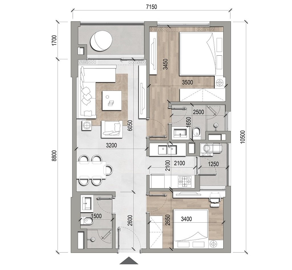 Thiết kế căn hộ 2 phòng ngủ diện tích 68m2