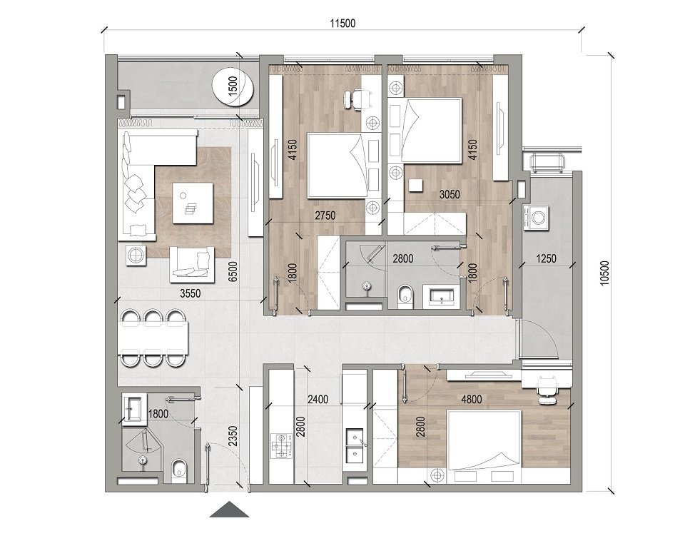 Thiết kế căn hộ 3 phòng ngủ thường diện tích 105m2